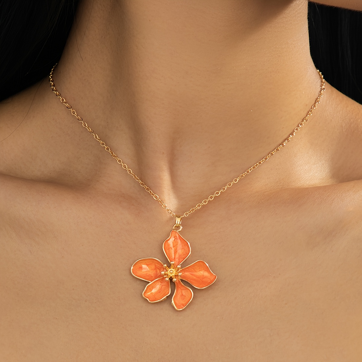 Handmade White, Pink, and Orange Enamel Five-Petal Flower Necklace